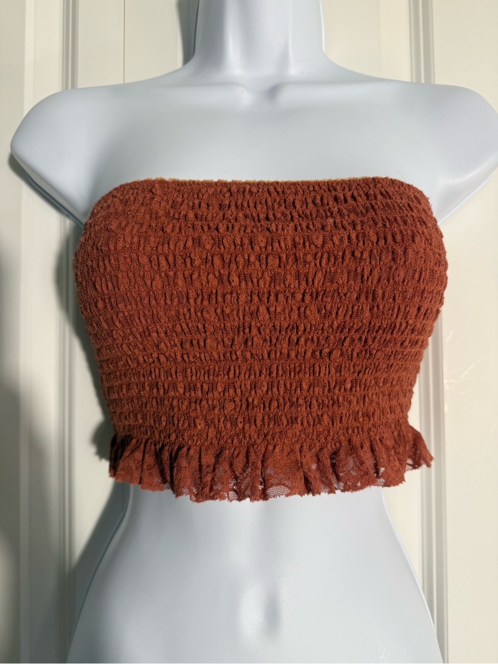 Free People Rust Brown Smocked Strapless Crop Top